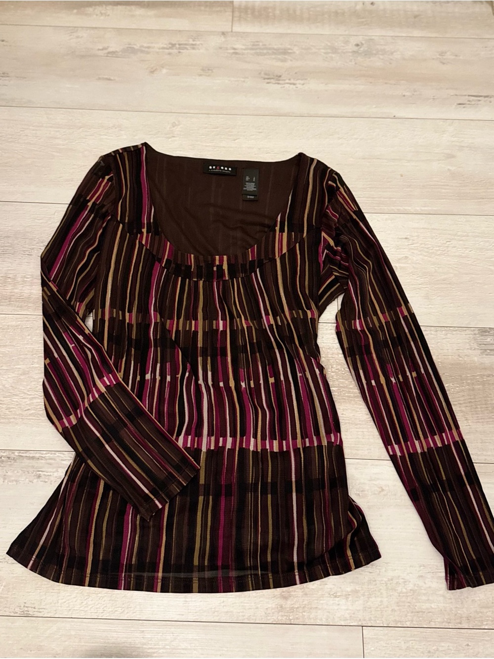 Axcess Brown & Pink Striped Long Sleeve Scoop Neck Top